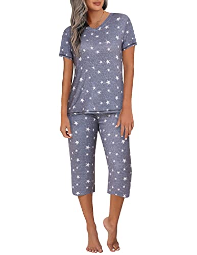 Ekouaer Pyjama Damen 3/4 Hose Schlafanzug Kurz Pyjama Set Shorty Nachtwäsche Sommer, Grau-Stern, S Ekouaer Pyjama Damen 3/4 Hose Schlafanzug Kurz Pyjama Set Shorty Nachtwäsche Sommer, Grau-Stern, S von Ekouaer