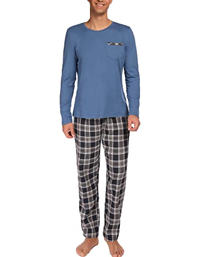 Ekouaer Schlafanzug Herren Baumwolle Lang Pyjama Set Warm Nachtwäsche Zweiteiliger Langarm Shirt & Schlafanzughose für Männer Blau L von Ekouaer