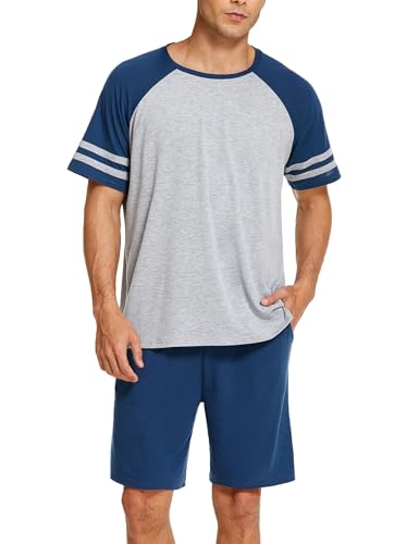 Ekouaer Schlafanzug Herren Kurz Pyjama Kurzarm Nachtwäsche Nightwear Set Rundhals T-Shirt und Shorts Sommer, Navy blau L von Ekouaer