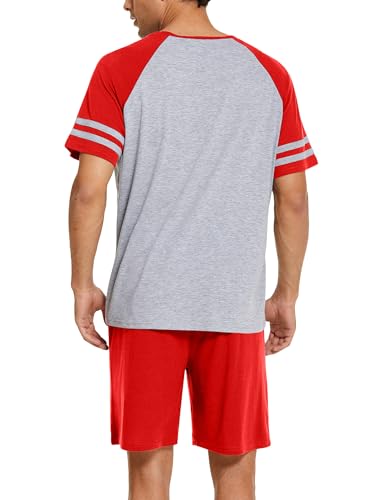 Ekouaer Schlafanzug Herren Kurz Pyjama Kurzarm Nachtwäsche Nightwear Set Rundhals T-Shirt und Shorts Sommer, Rot XXL von Ekouaer