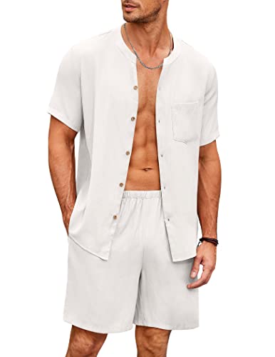 Ekouaer Schlafanzug Herren Kurz Pyjama Set Baumwolle Nachtwäsche Pyjamahose Sommer Hausanzug, Weiß, M von Ekouaer