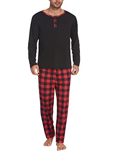 Ekouaer Schlafanzug Herren Lang Baumwoll Pyjama für Herren Zweiteiliger Winter Henley Langarm Shirt Karierter Pyjamahose mit Tasche Weich Pyjama Loungewear Set Schwarz und Rot XXL von Ekouaer