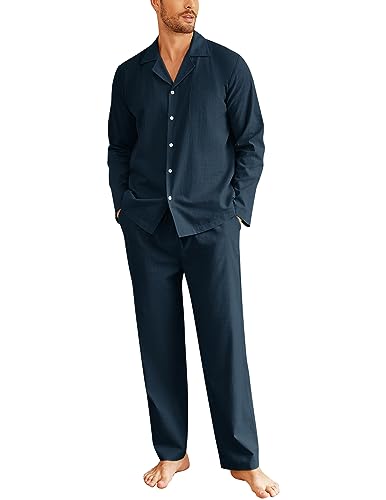 Ekouaer Schlafanzug Herren Lang mit Bündchen-Nightwear Set Baumwolle Pyjamaset Winter Nachtwäsche Warm Zweiteiliger Pyjama, Navyblau, M von Ekouaer