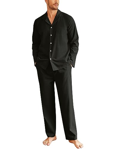 Ekouaer Schlafanzug Herren Lang mit Bündchen-Nightwear Set Baumwolle Pyjamaset Winter Nachtwäsche Warm Zweiteiliger Pyjama, Schwarz, L von Ekouaer