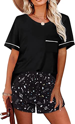 Ekouaer Pyjama Damen Baumwolle Schlafanzug Kurzarm Nachtwäsche Gestreift Hausanzug Kurz Shorty Loungewear, Universum, XXL von Ekouaer