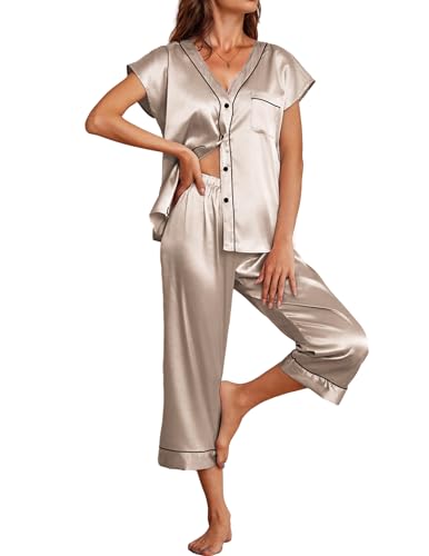 Ekouaer Schlafanzug Satin Damen Kurzarm Pyjamas Schlafanzüge Knopfleiste Zweiteiliger Nachtwäsche Lounge Set Rippen, Champagne, M von Ekouaer