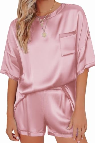 Ekouaer Schlafanzug Satin Pyjama Set Sommer Kurzarm Top und Short Nachtwäsche Hausanzug Zweiteilige Sleepwear,pink,XS von Ekouaer