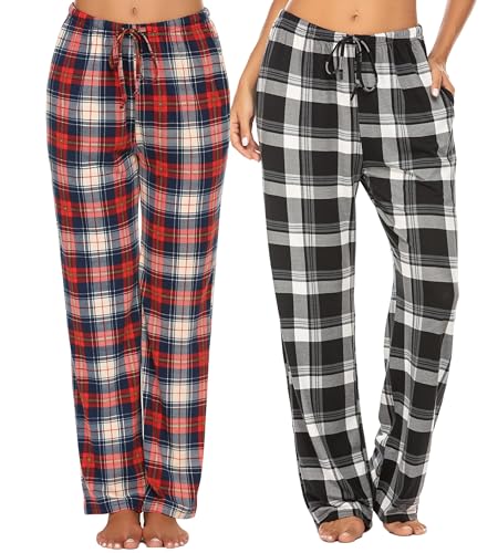 Ekouaer Schlafanzughosen Damen Pyjamahose Freizeithose Lockerer Karierte/Unifarbe Weich Gemütlich Schlafhose Stretch Kordelzug Yogahose Lounge Hom mit Taschen Rot Schwarz Weiß S von Ekouaer