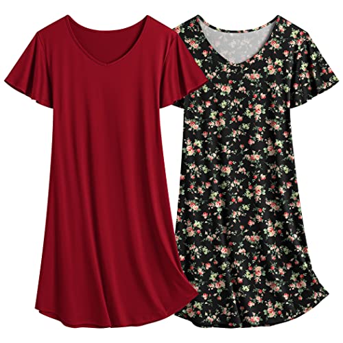 Ekouaer Schlafshirt Damen Nachthemd Kurzarm Zweiteiliger Schlaf T-Shirt Kurz weinrot + Blumen XXL von Ekouaer