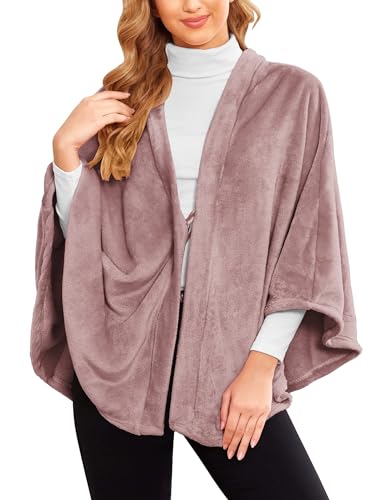 Ekouaer Stole Damen Flanell Poncho Fleece Faux Cape Winter Cape Elegant Warm Wrap Blanket, Hellbraun M von Ekouaer