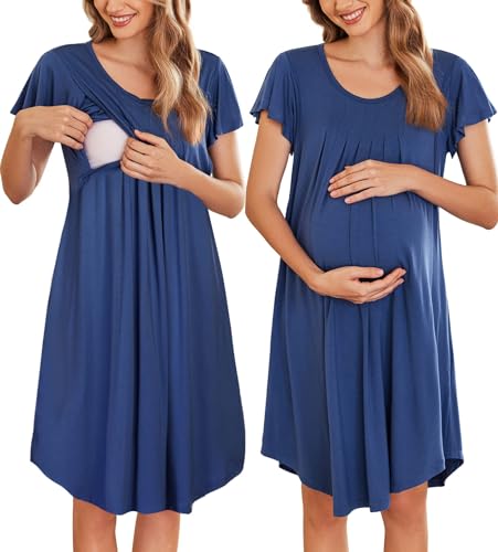 Ekouaer Umstandspyjama Damen Nachthemden Umstandsmode Pyjama Lang für die Geburt Krankenhaus Stillen DREI-in-eins-Geburt/Stillen/Pflege, Navy blau, XL von Ekouaer