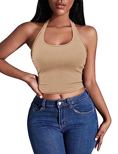 Ekouaer Unterhemden Damen Camisole Rückenfrei Top Neckholder Crop Tops Ärmellose Ribbed Knit, Khaki S von Ekouaer