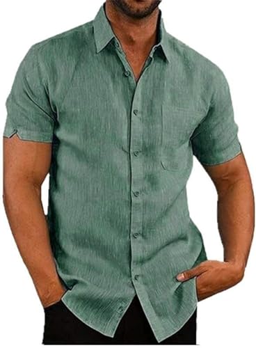 Herren Hemden Kurzarm Regular Fit Freizeithemd Baumwolle Leinen Sommerhemd mit Tasche, Mens Casual Shirts, Grün L von Elainone