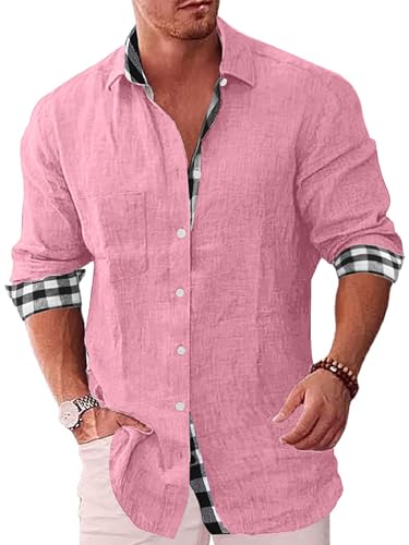 Elainone Herrenhemd Langarm Loose Fit Freizeithemd mit Kariert Herbst Baumwolle Leinen Hemden mit Tasche, Rosa 2XL von Elainone