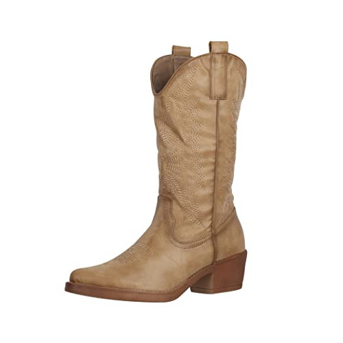 Elara Damen Cowboy Stiefel Biker Boots Chunkyrayan 301-A32P Khaki PU-36 von Elara