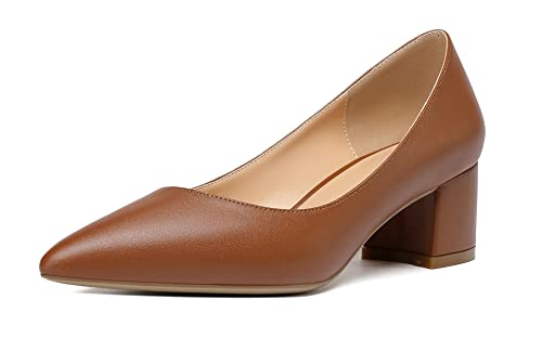 Elahse Damen 5cm Blockabsatz Pumps, Spitze Zehen Niedriger Absatz Schuhe, Klassische Ohne Verschluss Hochzeit Abend Pumps Matt Braun EU41 von Elashe