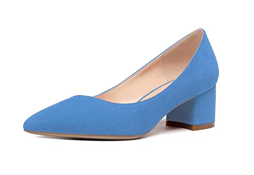 Elahse Damen 5cm Blockabsatz Pumps, Spitze Zehen Niedriger Absatz Schuhe, Klassische Ohne Verschluss Hochzeit Abend Pumps Wildleder HellblauEU41 von Elashe