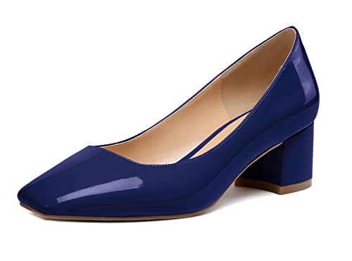 Elashe Damen Blockabsatz Quadratischer Zehe Pumps, Klassische Geschlossene Zehe Slip-on 2'' Pumps Lackleder BlauEU39 von Elashe