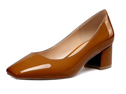 Elashe Damen Blockabsatz Quadratischer Zehe Pumps, Klassische Geschlossene Zehe Slip-on 2'' Pumps Lackleder BraunEU38 von Elashe