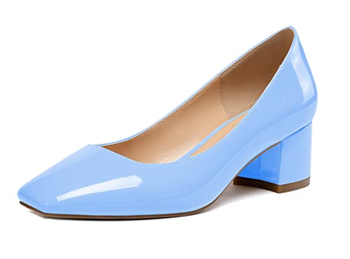 Elashe Damen Blockabsatz Quadratischer Zehe Pumps, Klassische Geschlossene Zehe Slip-on 2'' Pumps Lackleder HellblauEU37 von Elashe