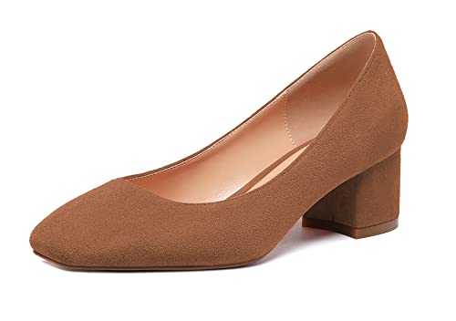 Elashe Damen Blockabsatz Quadratischer Zehe Pumps, Klassische Geschlossene Zehe Slip-on 2'' Pumps Wildleder BraunEU39 von Elashe