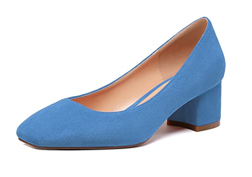 Elashe Damen Blockabsatz Quadratischer Zehe Pumps, Klassische Geschlossene Zehe Slip-on 2'' Pumps Wildleder HellblauEU38 von Elashe