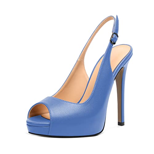Elashe Damen Peep Toe Pumps Plateau Slingback Sandalen High Heels mit Knöchelschnallen Stilettos 12 cm Blau EU37 von Elashe