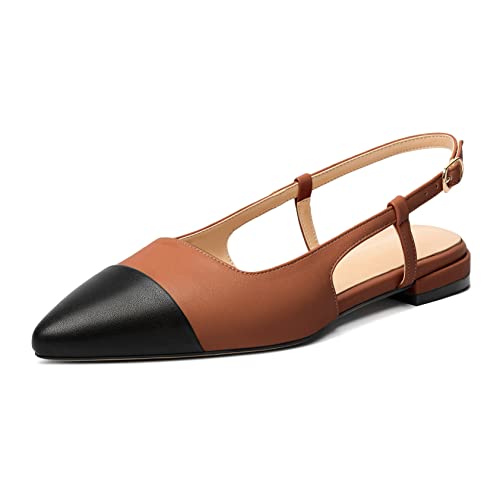 Elashe Damen Slingback Flach Pumps Ballerinas Spitze Zehen Sandaletten Niedrige Absatz Knöchelriemen Büroschuhe 2CM Braun EU40 von Elashe