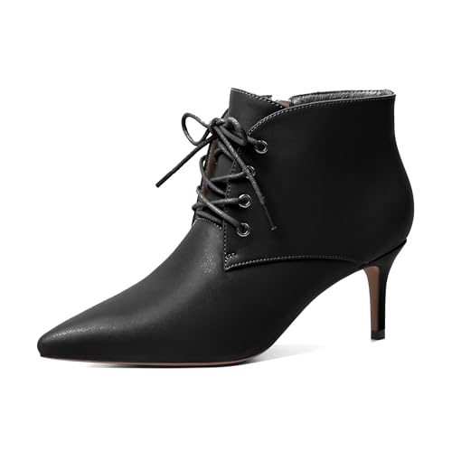 Elashe Damen Stiefeletten mit kitten heels spitzer Zehe und Reißverschluss mit Kätzchenabsatz Schnüren Stiefel 6.5CM Schwarz EU39 von Elashe