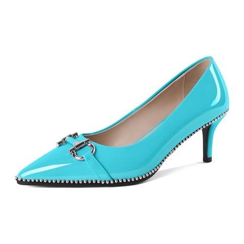 Elashe Women's Kitten Mid Heel Pumps 6.5 cm Pointed Sexy Basic Shoes Lace Toe Stiletto Closed Pumps with Beaded Office Party Evening Turquoise EU35 von Elashe