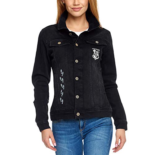 Elbenwald Harry Potter Jeansjacke Karte des Rumtreibers Rückenprint und Hogwarts Emblem auf der Brust Knopfverschluss für Damen schwarz - L von Elbenwald