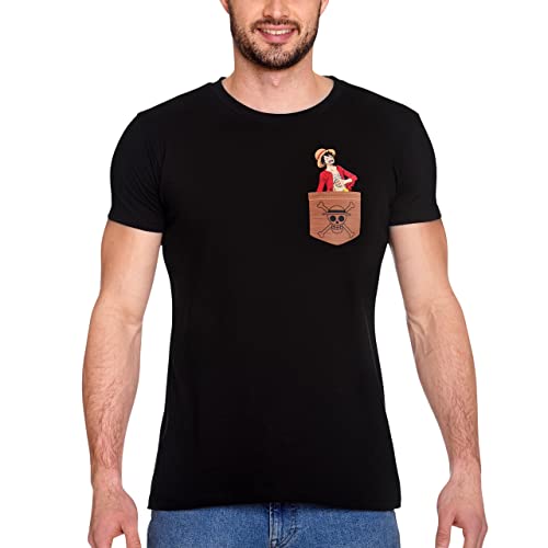 Elbenwald One Piece T-Shirt mit Pocket Ruffy Motiv für Herren Damen Unisex Baumwolle schwarz - XS von Elbenwald