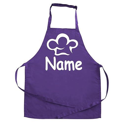 Elefantasie Personalisierte Schürze mit Name, Kochschürze für Backen, Kochen, Geschenkidee für Kinder und Erwachsene 11-99 Jahre lila Motiv Kochmütze von Elefantasie