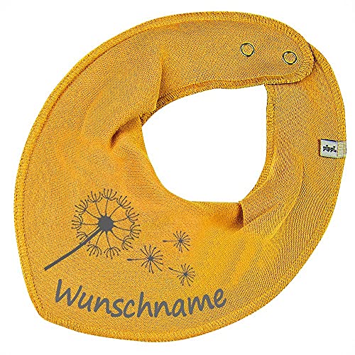 HALSTUCH mit Namen oder Text personalisiert für Baby oder Kind aus Baumwolle in Einheitsgröße Pusteblume senfgelb von Elefantasie