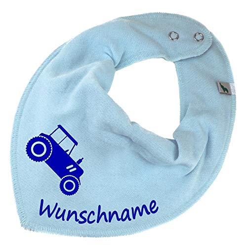 HALSTUCH mit Namen oder Text personalisiert für Baby oder Kind aus Baumwolle in Einheitsgröße Traktor hellblau von Elefantasie