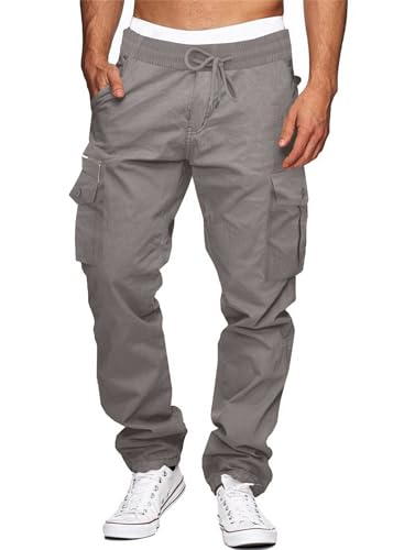 Elegancity Cargohose Herren Baumwolle Outdoorhose Lange Baggy Hose Jogginghose Herren Freizeithose Pants Hell Grau S von Elegancity