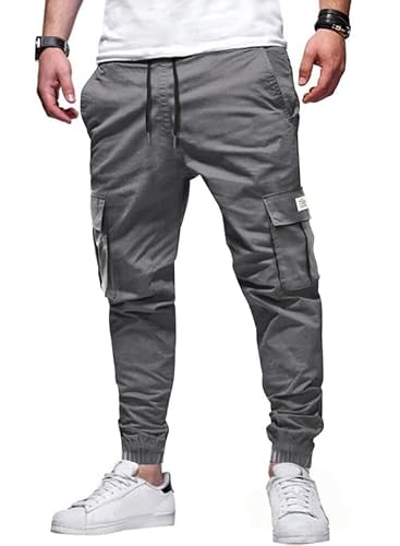 Elegancity Graue Jogginghose Herren Cargohose Einfarbig Hose Männer Causal Sporthose Elastische Freizeithose mit 6 Tasche S von Elegancity