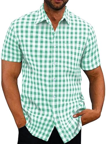 Elegancity Hemd Herren Kariertes Sommerhemd Kurzarm Freizeithemd Regular Fit für Männer 100% Baumwolle Grün, XL von Elegancity