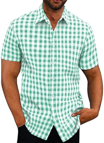 Elegancity Hemd Herren Kariertes Sommerhemd Kurzarm Freizeithemd Regular Fit für Männer 100% Baumwolle Grün, XXXL von Elegancity