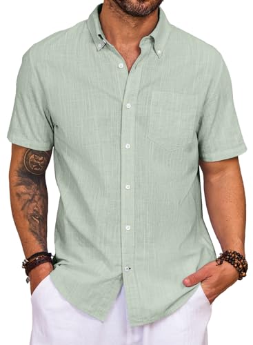 Elegancity Leinenhemd Herren Kurzarm Hemd Button Down Regular Fit Freizeithemden Sommer Strand Leinen Shirt Casual Businesshemd mit Taschen Mintgrün, L von Elegancity