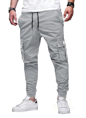 Elegancity Jogginghose Herren Hellgrau Cargohose Einfarbig Hose Männer Causal Sporthose Elastische Freizeithose mit 6 Tasche M von Elegancity