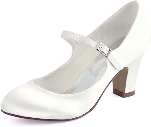 ElegantPark HC1801 Bequeme Damen Blockabsatz Mary Jane Pumps Satin Hochzeit Brautschuhe, Ivory, 41 EU von Elegantpark