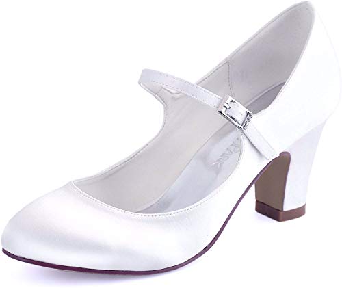 ElegantPark HC1801 Bequeme Damen Blockabsatz Mary Jane Pumps Satin Hochzeit Brautschuhe, Weiß, 42 EU von Elegantpark