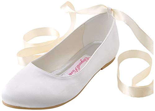 Elegantpark EP11105 Satin mit Seiden Baender Runde Zehen Einfache Satin Flache Brautschuhe, Ivory, 38 EU von Elegantpark