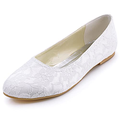 Elegantpark EP11106 Weiss Runde Zehen Einfache Lace Spitze Flache Brautschuhe Gr.38 von Elegantpark