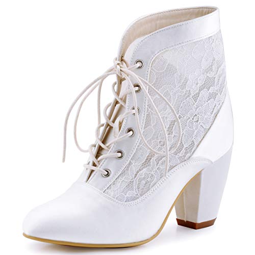 Elegantpark HC1559 Damen Geschlossene Zehen Blockabsatz Stiefellette Hochzeit Spitze Satin Brautstiefel Weiss Gr.38 von Elegantpark