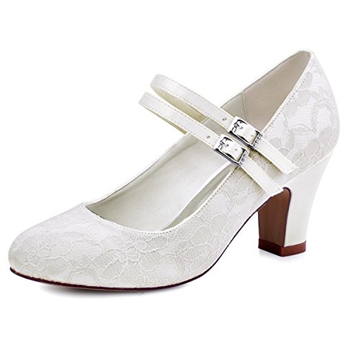 Elegantpark HC1701 Mary Jane Block Absatz Pumps Geschlossene Zehen Lace Satin Brautschuhe Ivory Gr.41 von Elegantpark