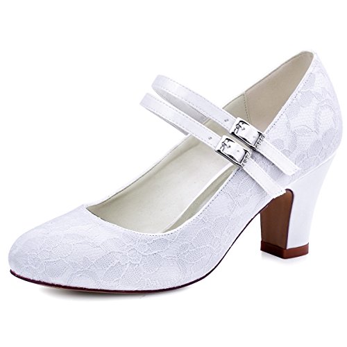 Elegantpark HC1701 Mary Jane Block Absatz Pumps Geschlossene Zehen Lace Satin Brautschuhe Weiß Gr.39 von Elegantpark