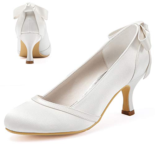 Elegantpark HC1804 Geschlossene Zehen Schleife Pumps Satin Hochzeit Brautschuhe Weiß Gr.40 von Elegantpark