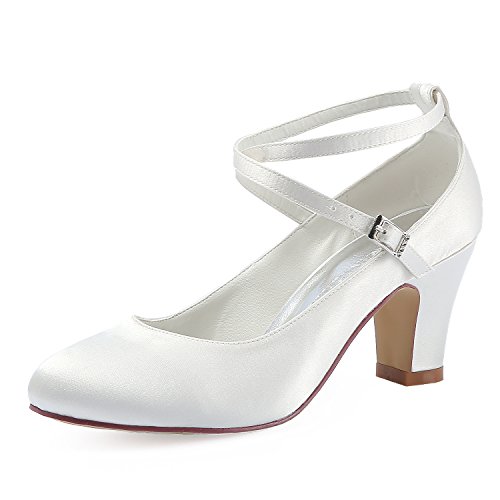 Elegantpark HC1808 Damen Krause Riemchen Blockabsatz Pumps Satin Hochzeit Brautschuhe Ivory Gr.37 von Elegantpark